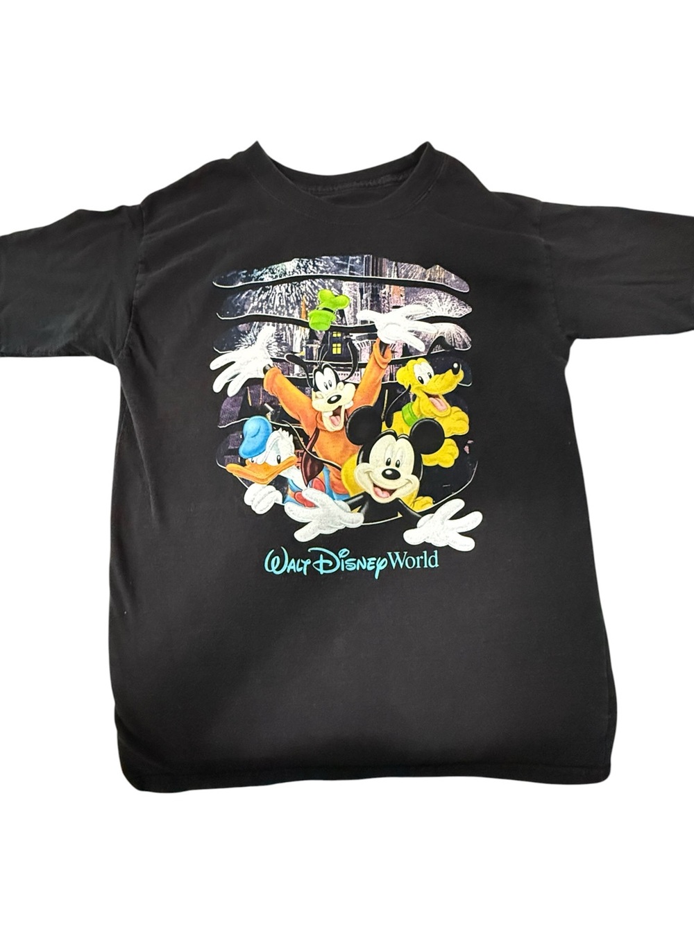 Walt Disney World Mickey Mouse Donald Goofy Pluto Black Graphic Tee Kids YXL